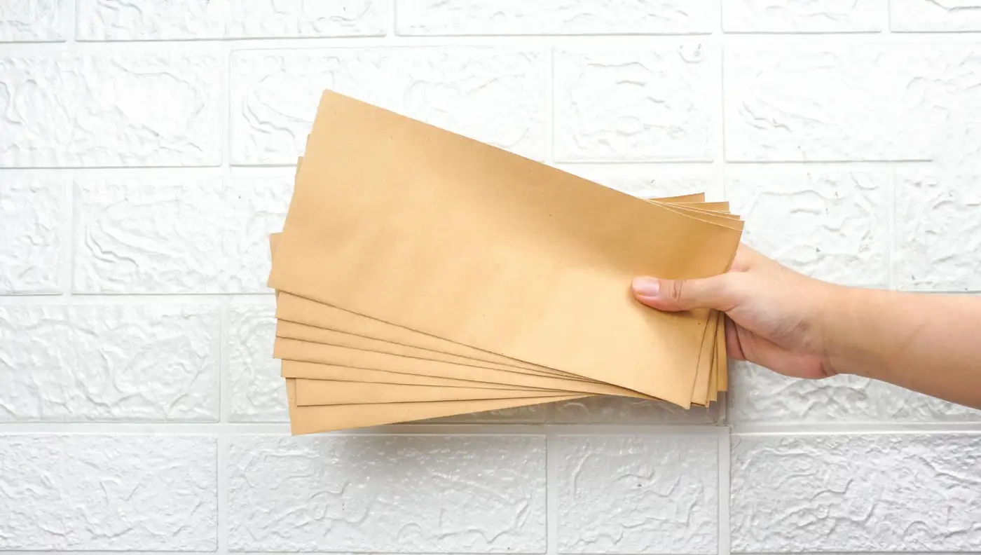 A hand holding a small stack of brown envelopes