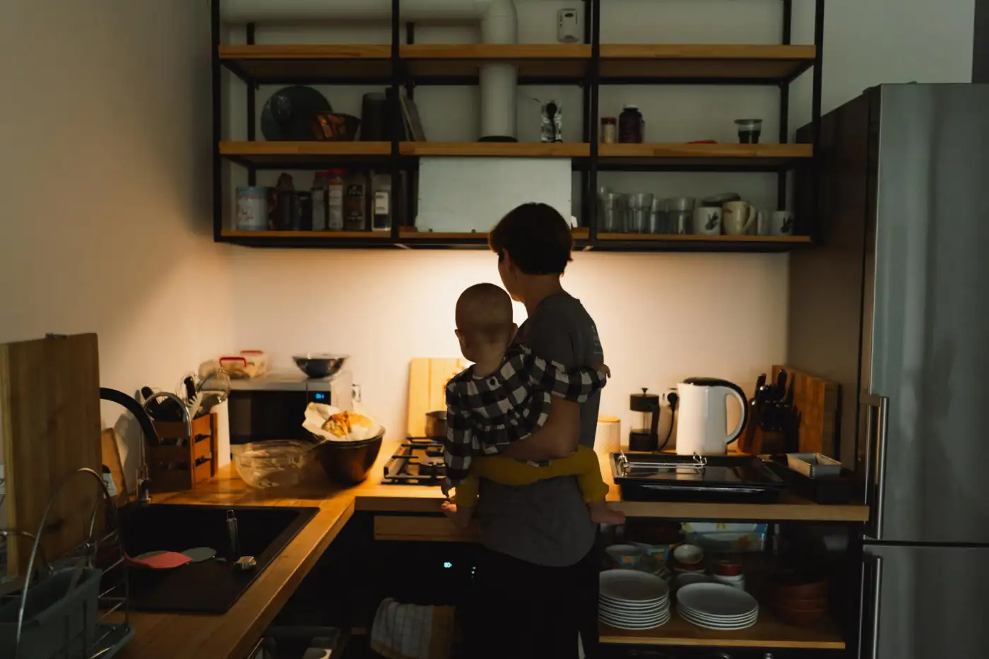A family kitchen in the early evening