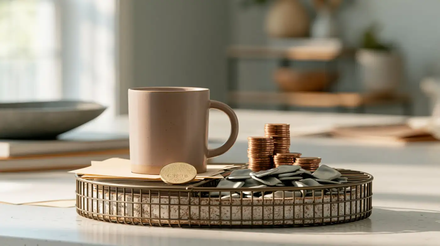 A mug and stacked coins on a tray