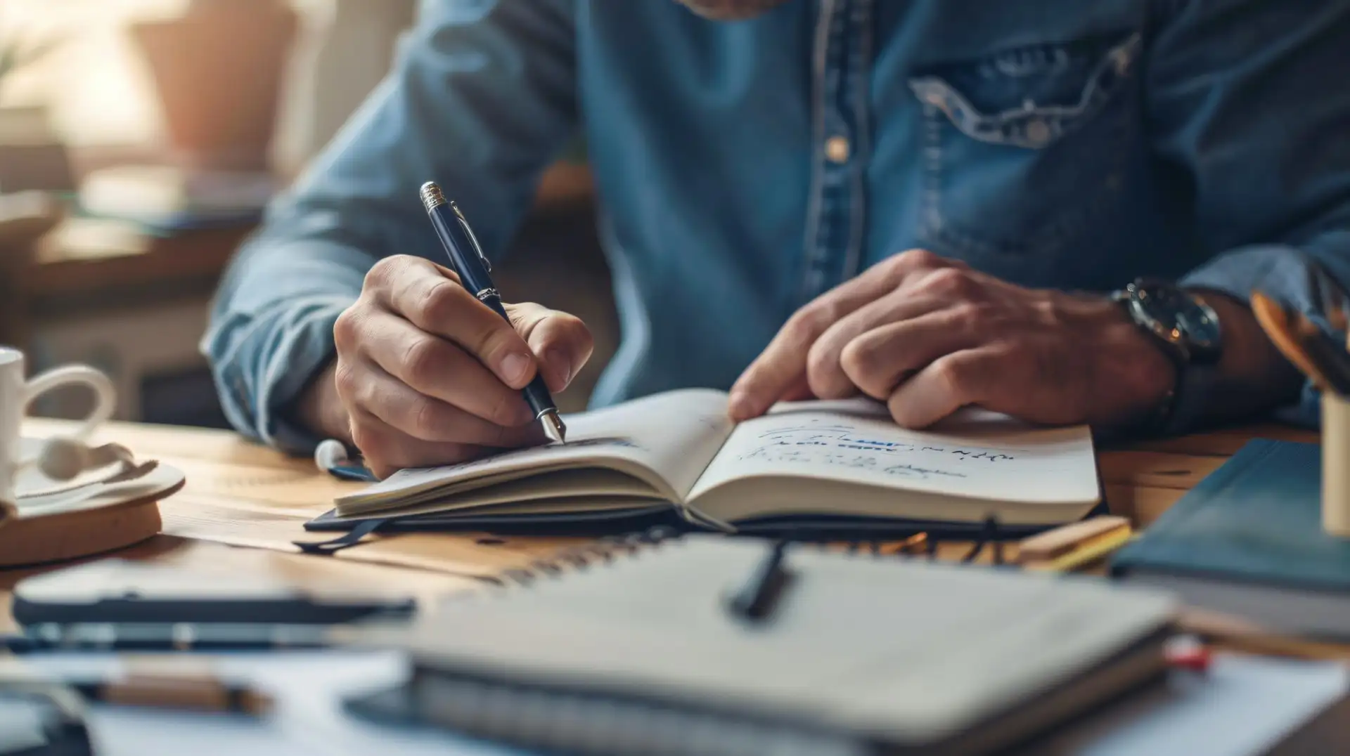 A pair of hands writing in a notebook at a table