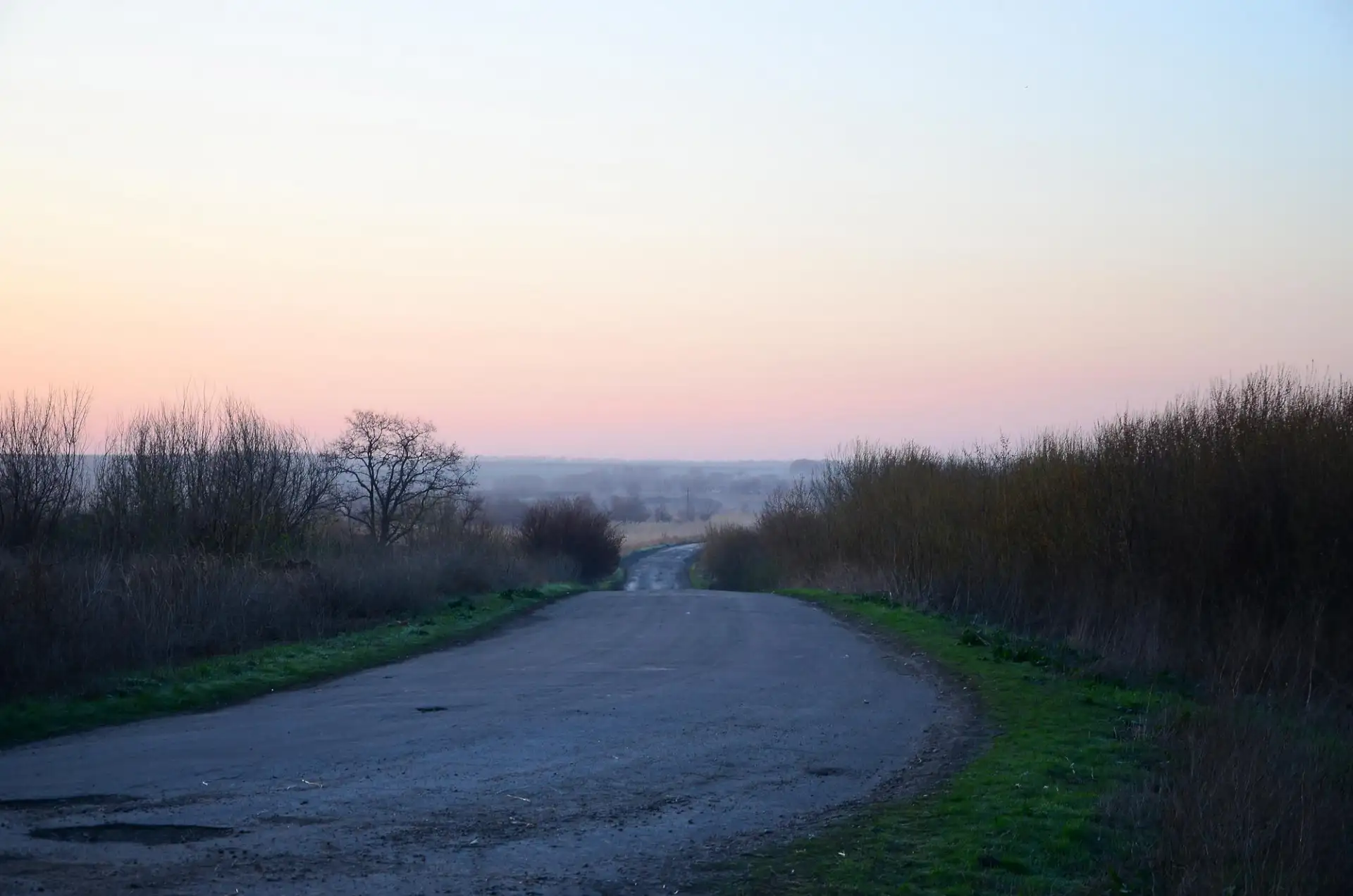 A quiet country lane at dusk