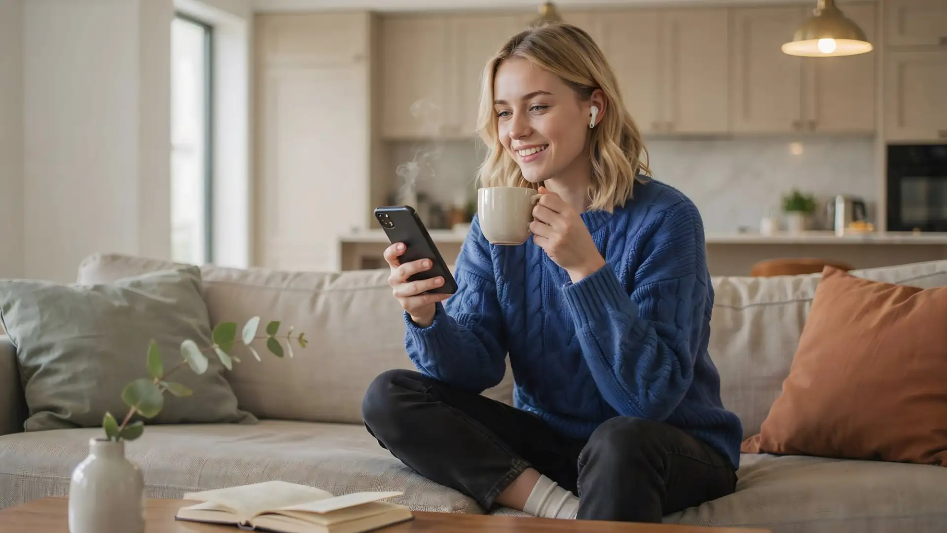 Young woman relaxing on a sofa with a smartphone and coffee at home